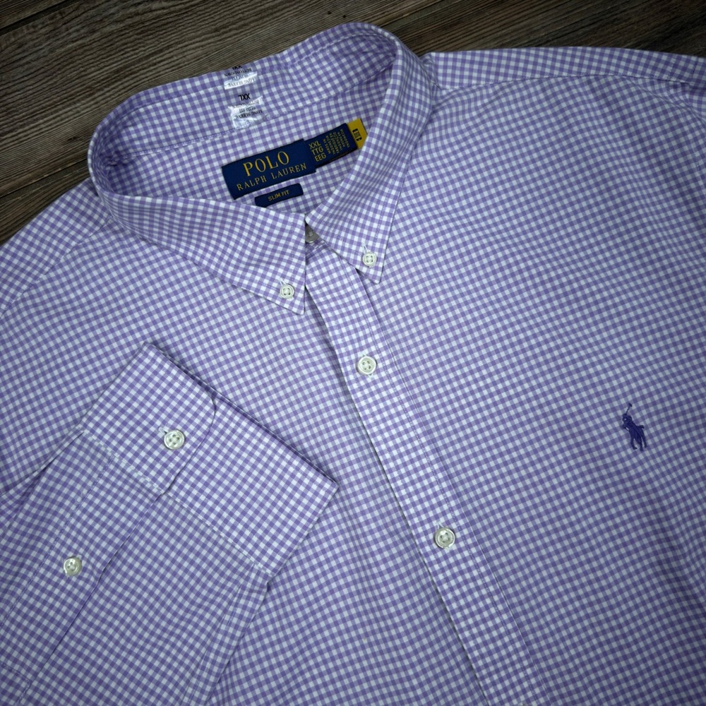 Polo Ralph Lauren Mens Size XXL Shirt Purple Gingham Slim Fit Long Sleeve